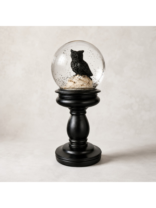 Boule à neige hibou noire sur socle beige et brun