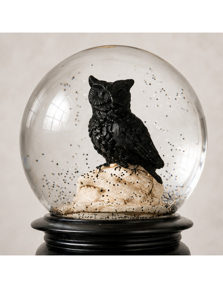 Boule à neige décorative hibou noir avec paillettes noires