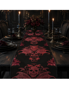 Chemin de table Halloween noir en velours à crânes baroques bordeaux