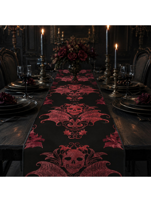 Chemin de table Halloween noir en velours à crânes baroques bordeaux