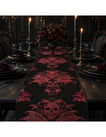 Chemin de table Halloween noir en velours à crânes baroques bordeaux