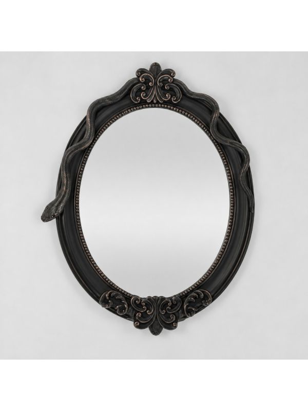Miroir ovale noir en résine avec serpent sculpté