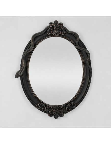 Miroir ovale noir en résine avec serpent sculpté