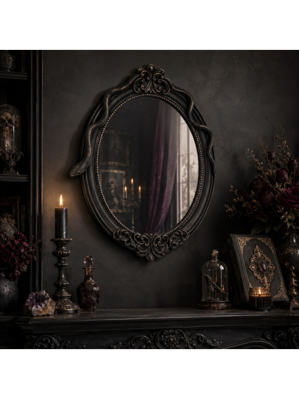Détail du serpent sculpté sur miroir ovale noir