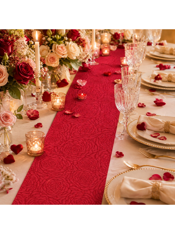 Chemin de table jacquard rose à motifs floraux en relief