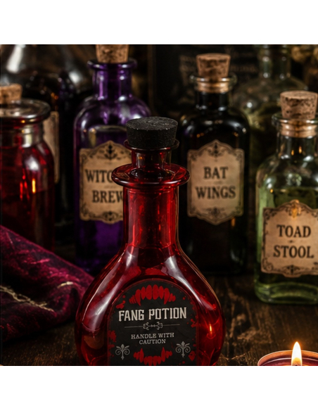 Détail de l’étiquette Fang Potion aux crocs rouges
