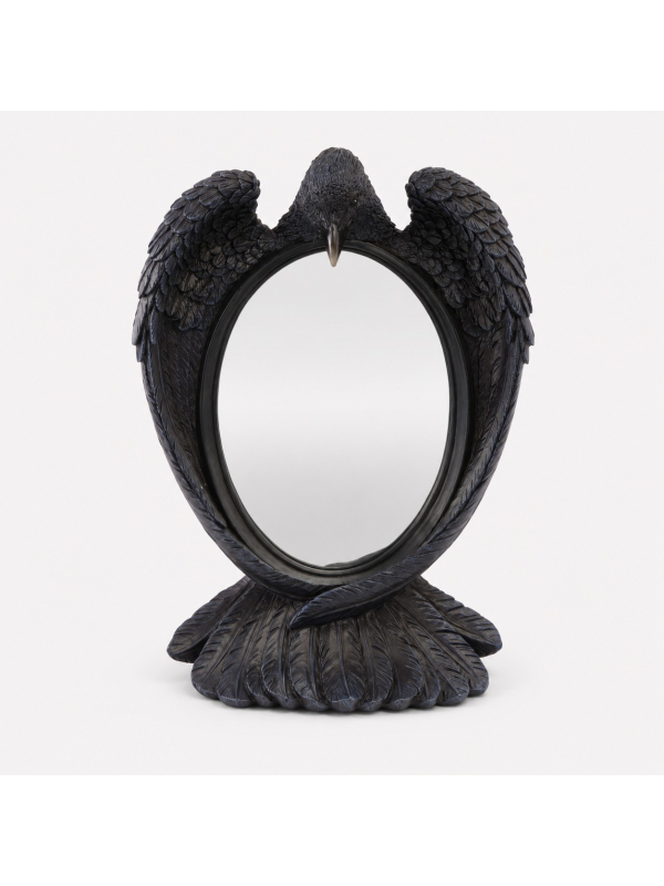 Miroir à poser noir avec corbeau aux ailes repliées