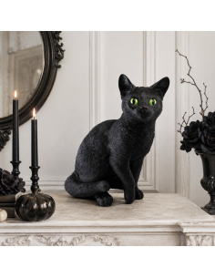 Grand chat décoratif noir en résine aux yeux verts