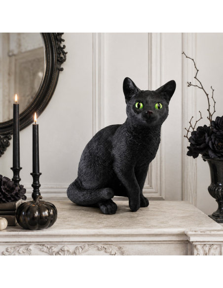 Grand chat décoratif noir en résine aux yeux verts