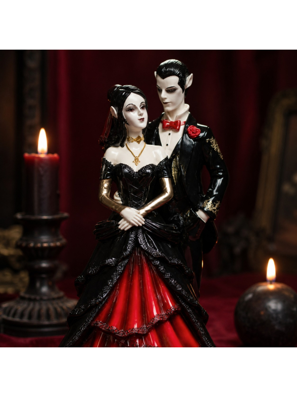 Statue en résine couple de vampires rouge noir et doré