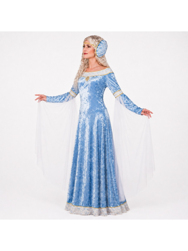 Déguisement médiéval femme bleu clair – robe et coiffe 34/36