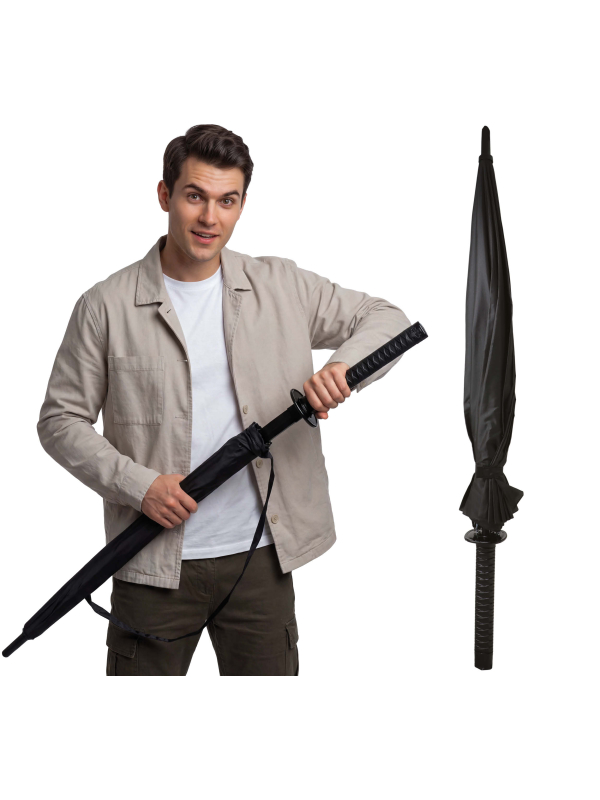 Parapluie katana noir fermé avec poignée et garde circulaire