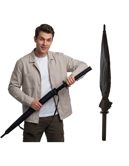 Parapluie katana noir fermé avec poignée et garde circulaire