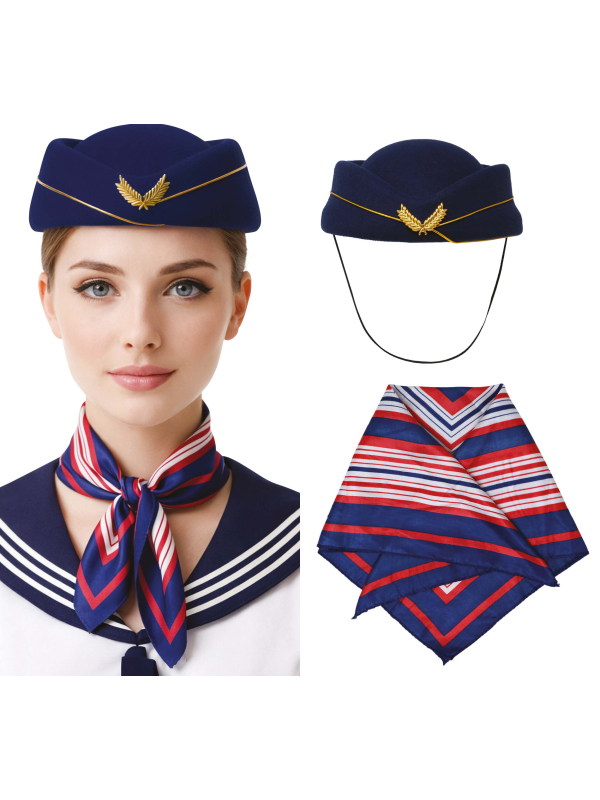 Set hôtesse de l’air bleu marine avec chapeau et foulard rayé