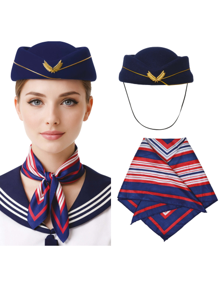 Set hôtesse de l’air bleu marine avec chapeau et foulard rayé