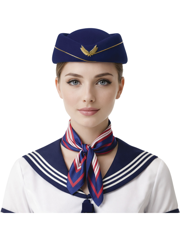 Chapeau bleu marine d’hôtesse avec insigne doré et foulard rayé