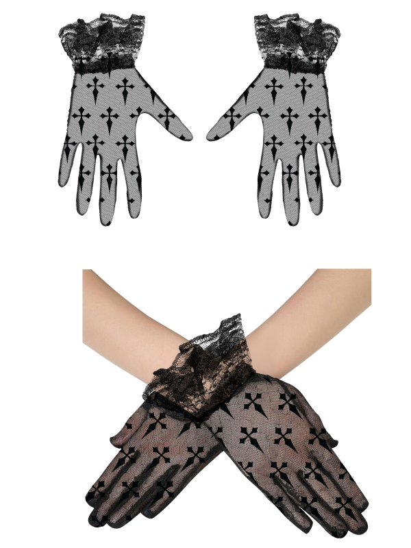 Gants noirs en dentelle à motifs croix et poignets à volants