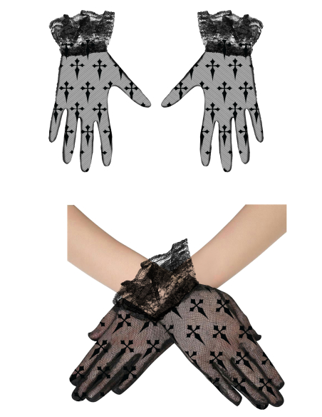 Gants noirs en dentelle à motifs croix et poignets à volants