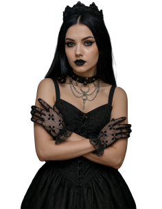 Gants noirs en dentelle à motifs croix et poignets à volants 2
