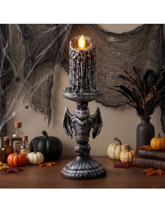 Candélabre chauve-souris lumineux gris avec bougie à effet cire fondue