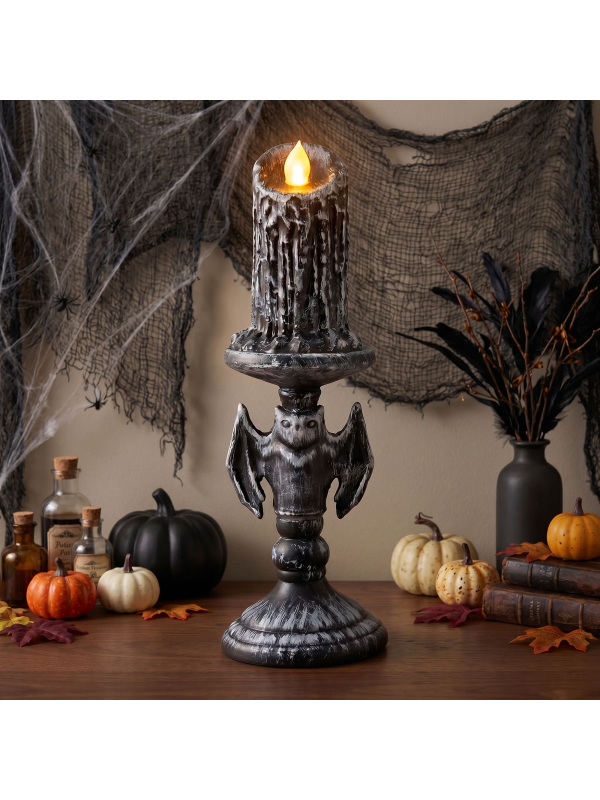 Candélabre chauve-souris lumineux gris avec bougie à effet cire fondue