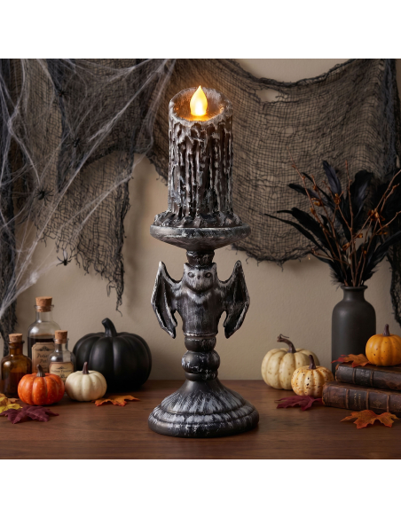 Candélabre chauve-souris lumineux gris avec bougie à effet cire fondue