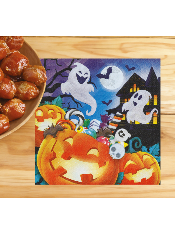 Serviettes Halloween citrouilles avec fantômes et maison hantée