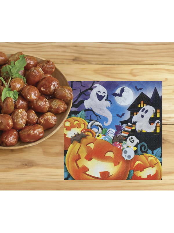 Serviettes Halloween citrouilles multicolores présentées en sachet