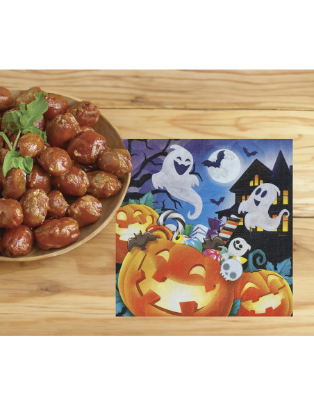 Serviettes Halloween citrouilles multicolores présentées en sachet