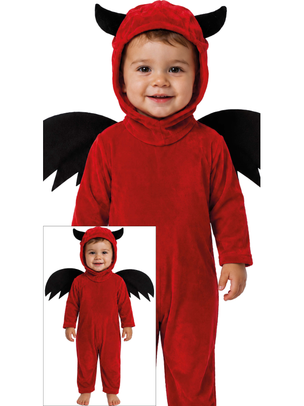 Déguisement petit diable rouge à capuche cornes et ailes noires
