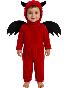 Déguisement petit diable rouge à capuche cornes et ailes noires 2
