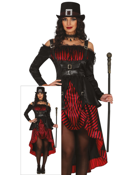 Déguisement femme gothique noir et rouge à robe asymétrique