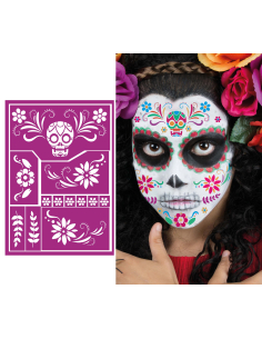 Pochoir de maquillage Catrina violet à motifs crâne et fleurs