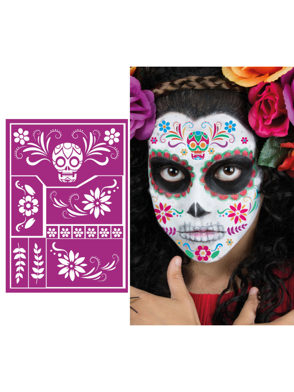 Pochoir de maquillage Catrina violet à motifs crâne et fleurs