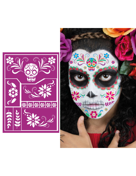 Pochoir de maquillage Catrina violet à motifs crâne et fleurs