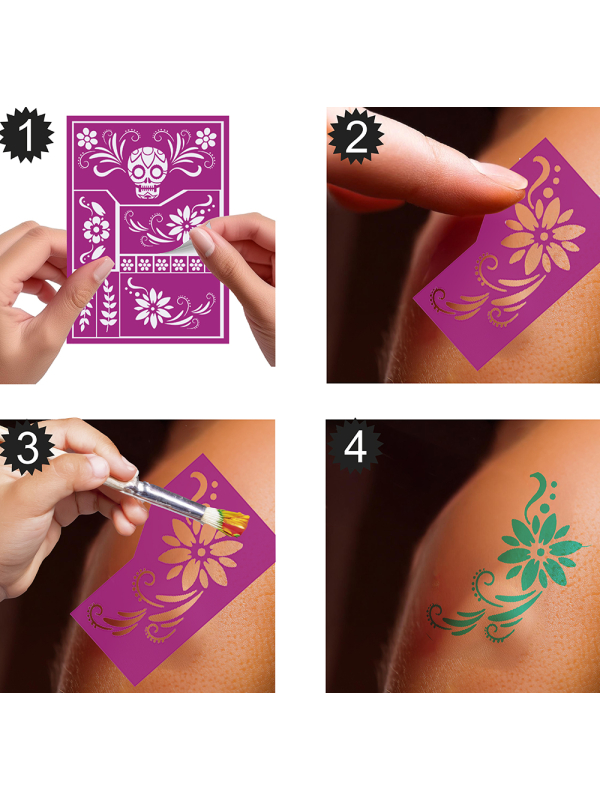 Détail des motifs crâne fleuri du pochoir Catrina