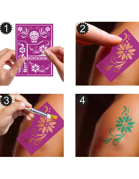 Détail des motifs crâne fleuri du pochoir Catrina
