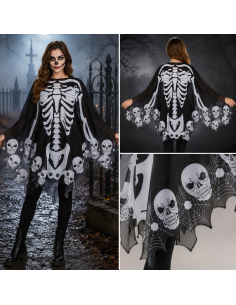 Poncho squelette Halloween adulte noir et blanc