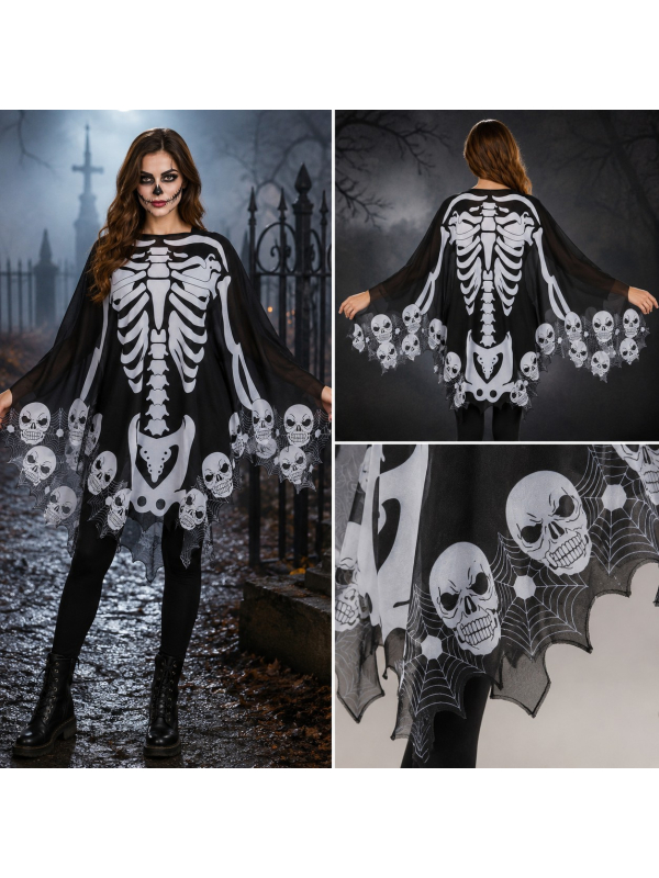 Poncho squelette Halloween adulte noir et blanc