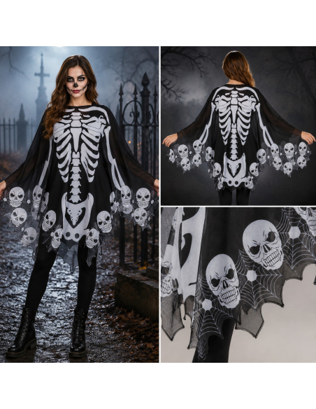 Poncho squelette Halloween adulte noir et blanc