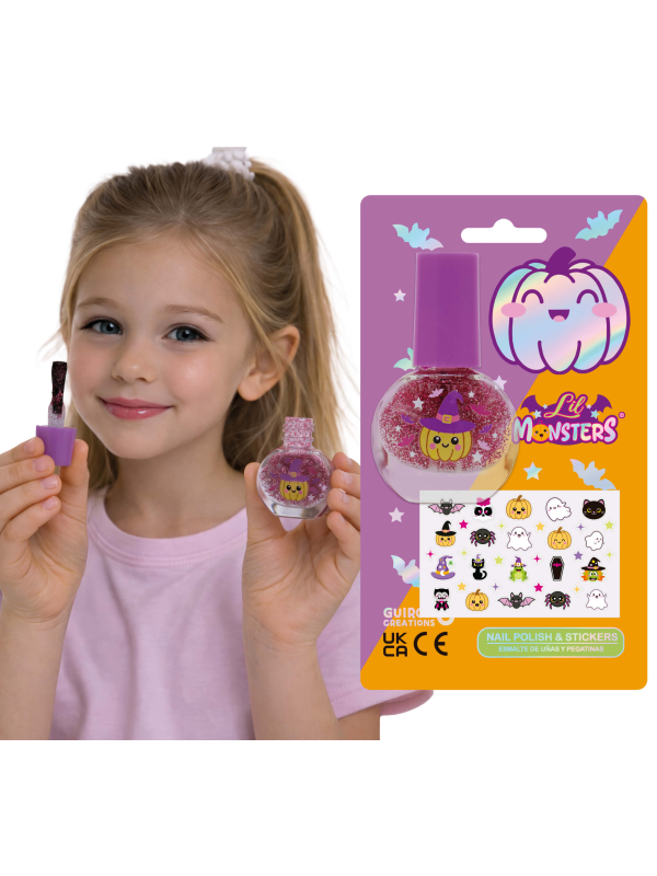 Vernis à ongles rose pailleté et autocollants Halloween Lil Monsters