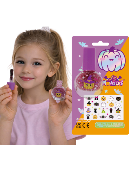 Vernis à ongles rose pailleté et autocollants Halloween Lil Monsters