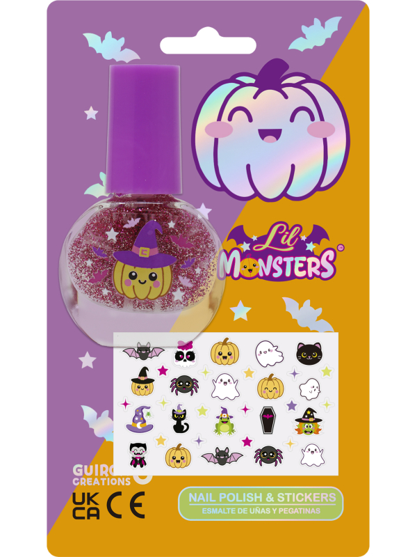 Vernis à ongles rose pailleté et autocollants Halloween Lil Monsters