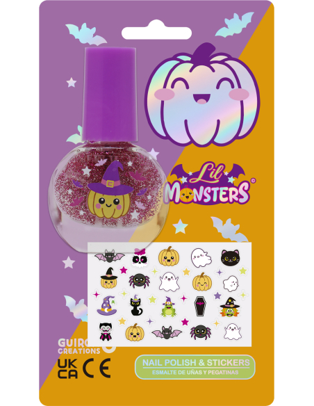 Vernis à ongles rose pailleté et autocollants Halloween Lil Monsters