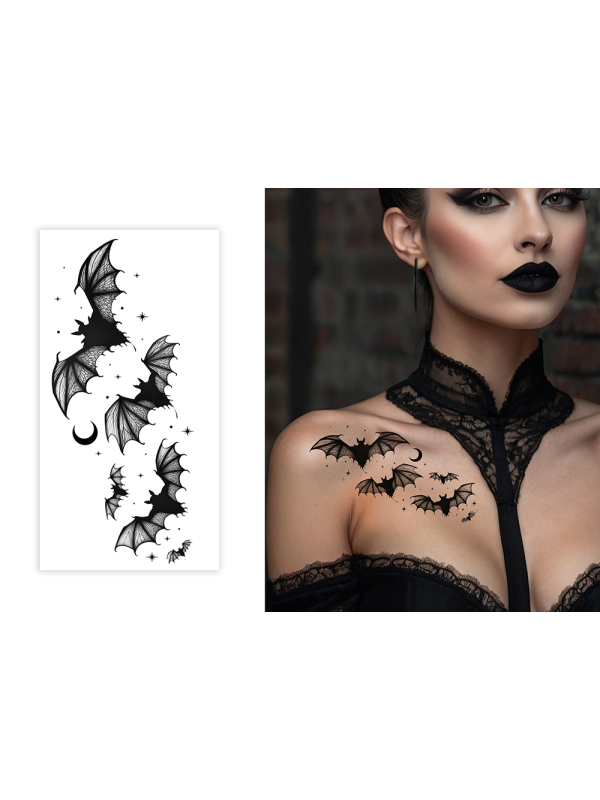 Tatouages adhésifs noirs chauve-souris avec lune et étoiles