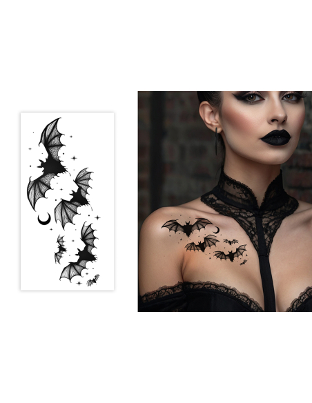 Tatouages adhésifs noirs chauve-souris avec lune et étoiles