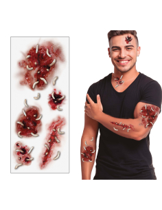 Tatouages adhésifs rouges blessures avec vers en relief