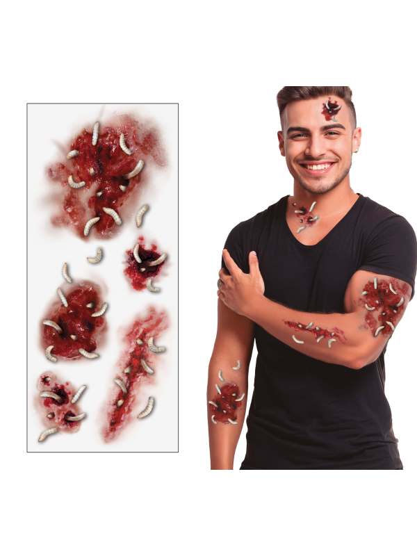 Tatouages adhésifs rouges blessures avec vers en relief
