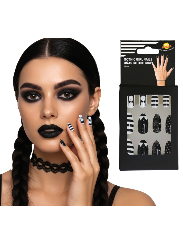 Faux ongles gothiques noirs et blancs avec colle femme