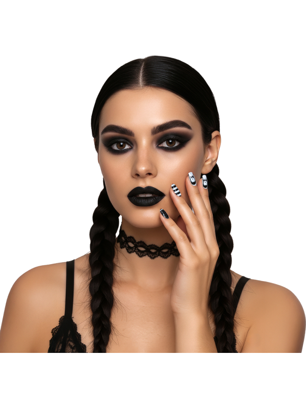 Set de faux ongles gothiques noirs et blancs en boîte